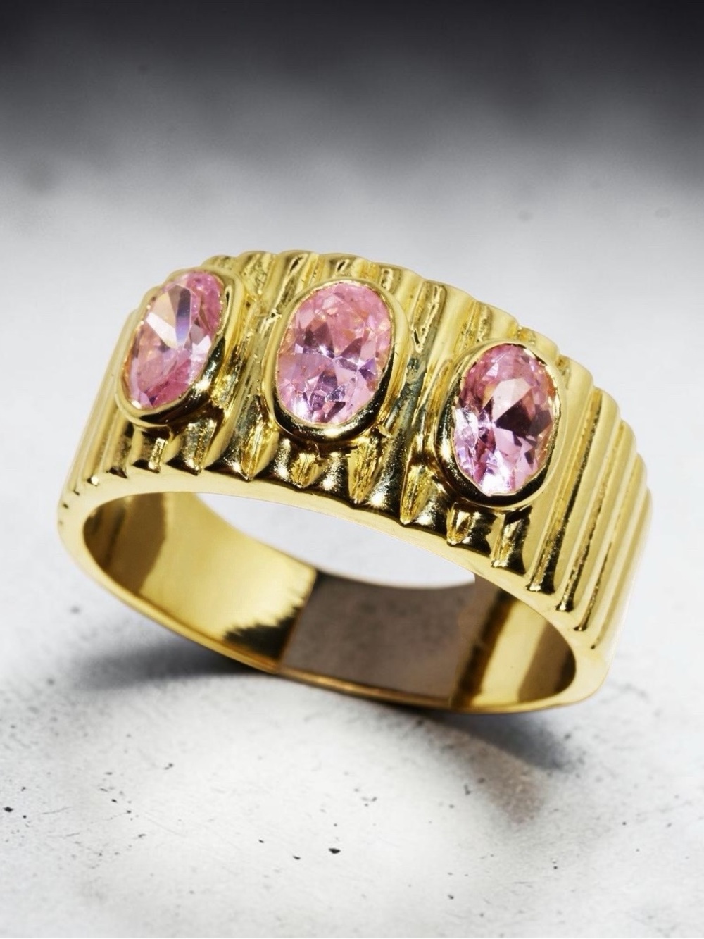 Pink Sapphire 3 Stone Cocktail Ring Gold Over Sterling Silver Lab Created Oval